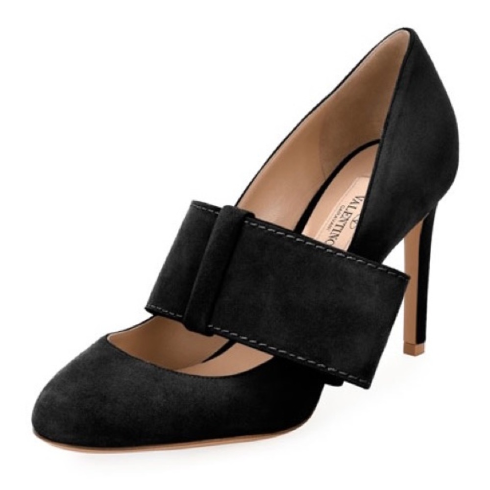 Valentino women’s black suede Mary Jane high heel bow pumps size 37 US 7